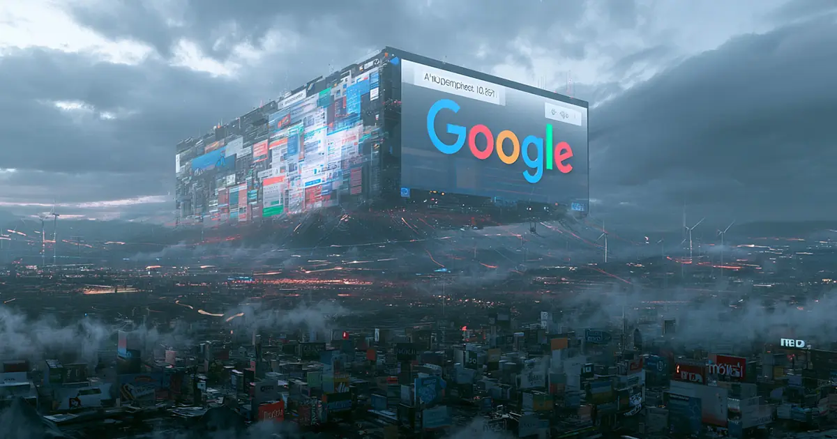 Футуристичный AI-поиск Google над цифровым городом — концепция смерти открытого интернета и замены сайтов AI-агентами