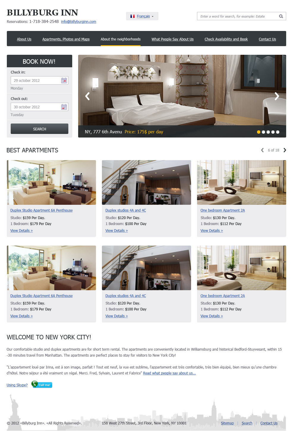 Дизайн главной страницы сайта аренды недвижимости Billyburg Inn