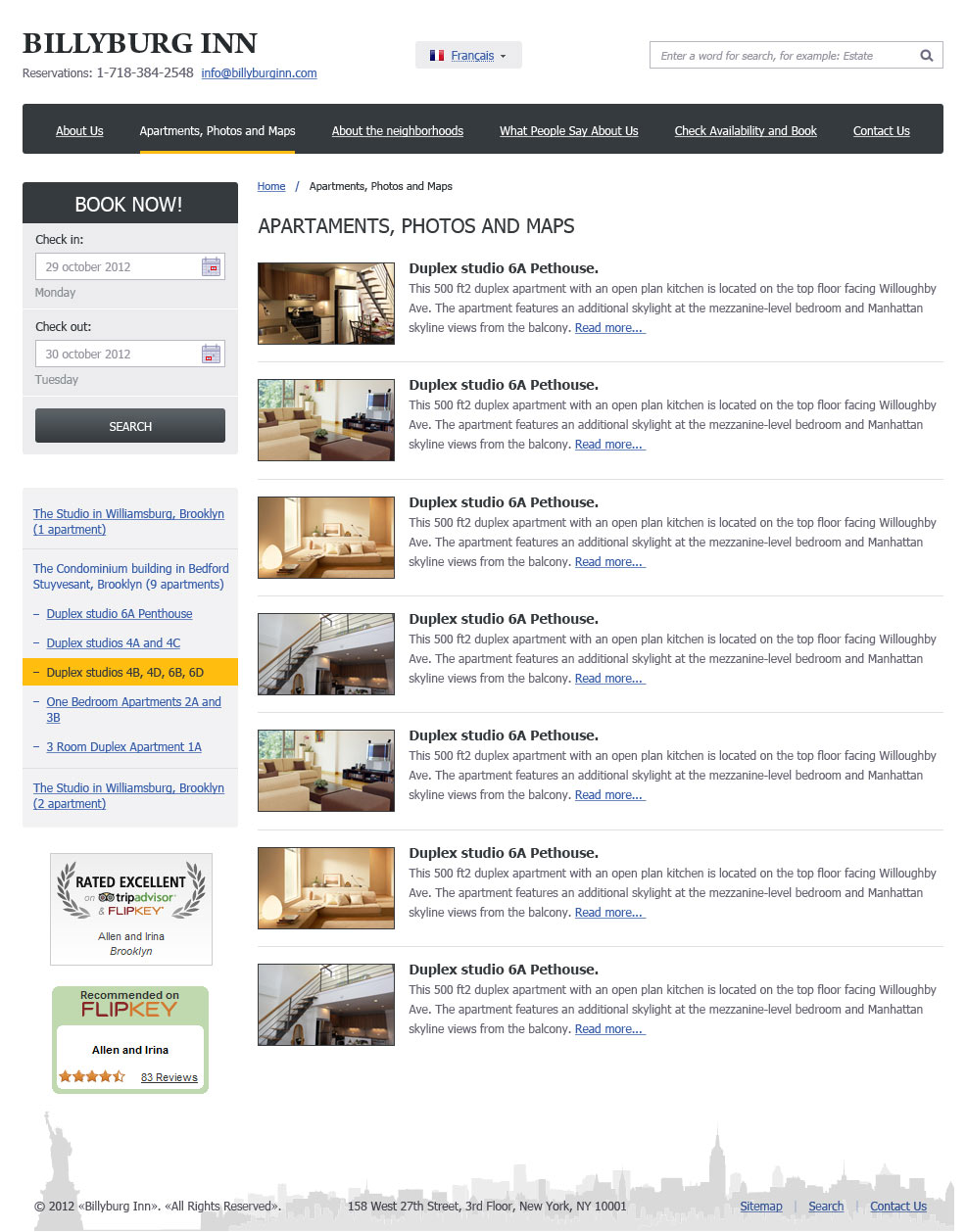 Страница апартамента сайта аренды недвижимости Billyburg Inn