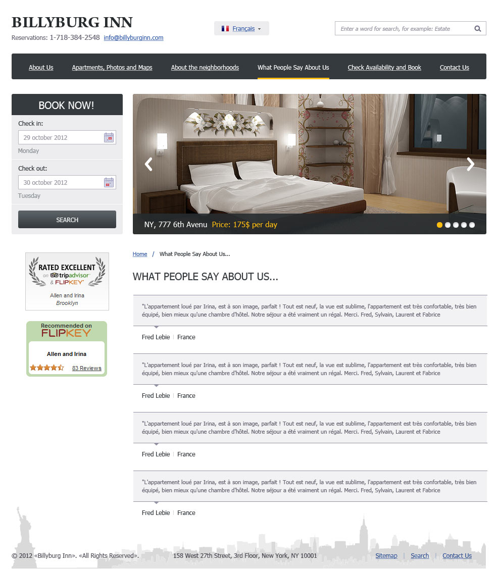 Страница отзывов сайта аренды недвижимости Billyburg Inn