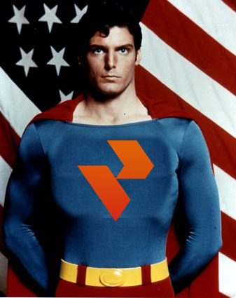 Логотип магазина роликовых коньков «Ролспорт» на супермене