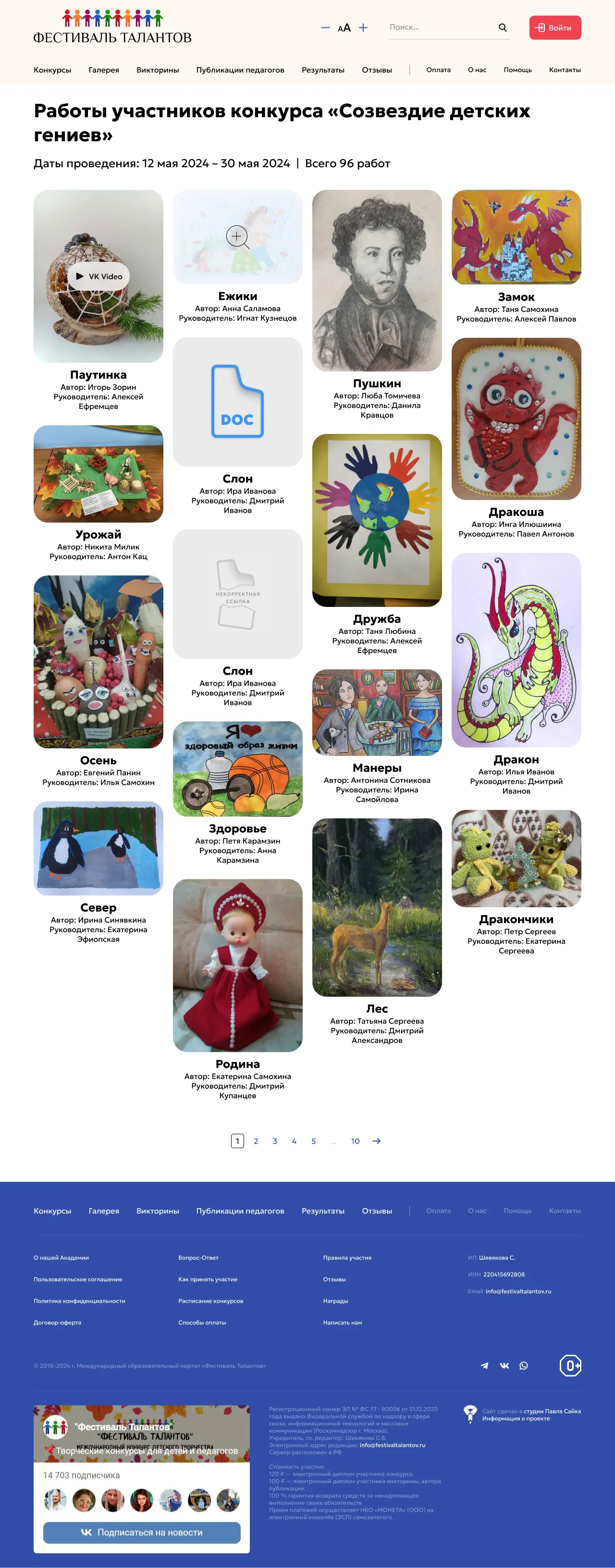 Страница галереи работ сайта Фестиваль Талантов