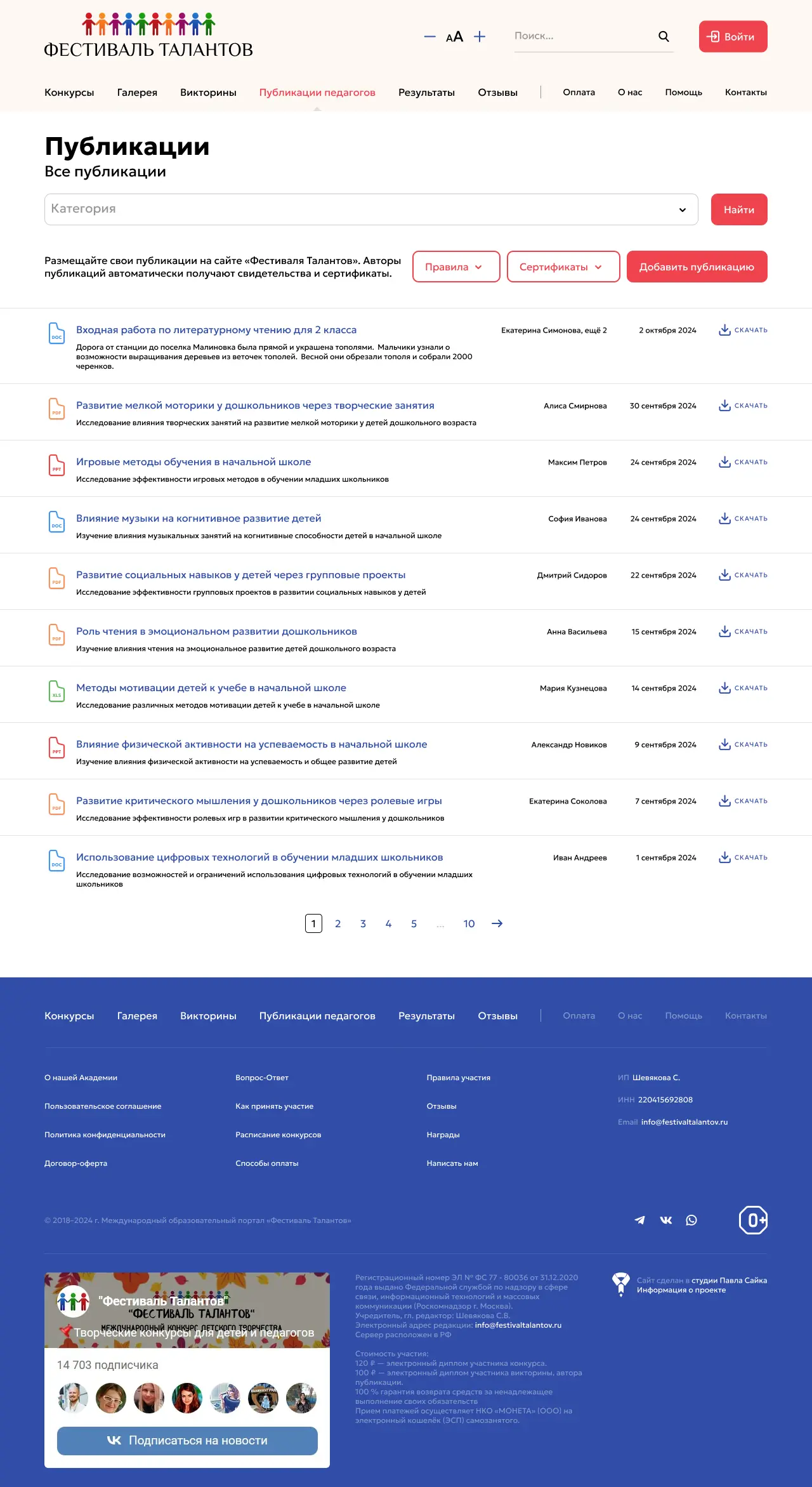 Страница раздела публикаций сайта Фестиваль Талантов
